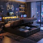 Lit double 140x200, lit coffre avec rangement hydraulique, led et ports usb / type - c, lit adulte rembourr�, ...