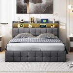 Lit double 140x200, lit coffre avec rangement hydraulique, led et ports usb / type - c, lit adulte rembourr�, ...