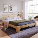 Lit double 140x200 en pin massif avec tte de lit, sommier  lattes intgr - cadre bois naturel robuste ...