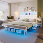 Lit double 140x200 avec sommier � lattes - t�te de lit � compartiments int�gr�s, 2 tables de chevet gigognes, ...