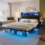 Lit double 140x200 avec sommier � lattes - t�te de lit � compartiments int�gr�s, 2 tables de chevet gigognes, ...