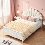 Lit double 140x200 - t�te de lit p�tale velours cr�me - structure bois - pieds dor�s