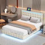 Lit double 140x200cm - lit adulte led en lin - cadre de lit flottant avec sommier  lattes et tte de ...