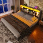 Lit double 140x200cm gris, tte de lit coffre avec led et recharge usb, sommier bois - (sans matelas) ...