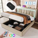 Lit double 140x200cm en lin avec led, charge usb - c, rangement intgr et sommier  lattes - beige (sans ...