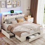 Lit double 160 x 200 avec 3 tiroir, lit rembourré avec chargement usb, lumière led réglable, tête de ... Lit double 160 x 200 avec 3 tiroir, lit rembourré avec chargement usb, lumière led réglable, tête de ...