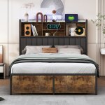 Lit double, 160 x 200 cm, lit  structure mtal et bois avec tte de lit tapisse, lit adulte avec 2 ...
