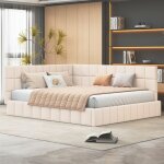 Lit double 160x200 canap� - lit velours beige, sommier lattes bois, multifonction confortable pour chambre ...