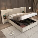 Lit double 160x200 capitonn velours beige - sommier  ressorts hydraulique avec usb / prises - 2 tables ...