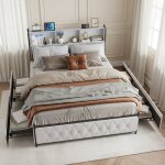 Lit double 160x200 cm avec 4 tiroirs de rangement, t�te de lit avec �clairage led rgb, ports usb et niches, ...