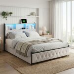 Lit double 160x200 cm avec 4 tiroirs de rangement, t�te de lit avec �clairage led rgb, ports usb et niches, ...