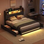 Lit double 160x200 cm, lit adulte avec 4 tiroirs, lit tiroirs avec led, lit rembourr avec sommier  ...