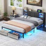 Lit 160x200 cm, 2 tiroirs en pied de lit, éclairage led, fonction de charge usb, cloisons ouvertes, sommier ... Lit 160x200 cm, 2 tiroirs en pied de lit, éclairage led, fonction de charge usb, cloisons ouvertes, sommier ...