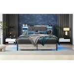 Lit double 160x200 cm avec �clairage led, tiroirs de rangement et cadre m�tallique avec t�te en bois, ...