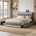 Lit double 160x200 cm en lin gris fonc� avec �clairage led, usb et 4 tiroirs m�talliques de rangement ...