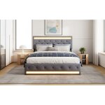 Lit double 160x200 cm en lin gris fonc� avec �clairage led, usb et 4 tiroirs m�talliques de rangement ...