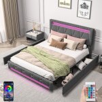 Lit double 160x200 cm, avec lumi�re led, 4 tiroirs de rangement, t�te de lit r�glable en hauteur, sommier ...