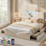 Lit double 160x200 cm, avec t�te de lit triangle innovante, 4 tiroirs, �clairage led ajustable, tissu ...