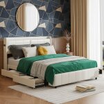 Lit double 160x200 cm avec tiroirs de rangement intgrs - tte de lit en cuir pu blanc - 4 ports usb ...