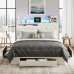 Lit double 160x200 cm en velours beige avec 3 tiroirs de rangement, �clairage led et prises europ�ennes ...