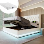 Lit double 160x200 coffre hydraulique, tte de lit rembourre blanc pu avec leds et usb - c - (avec matelas) ...