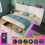 Lit double 160x200 avec coffre, led et usb. sommier inclus. rembourr� blanc (sans matelas / chevet)