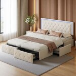 Lit double 160x200 - rangement int�gr� - led rgb - design �l�gant - beige