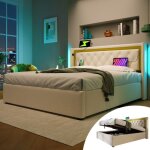 Lit double 160x200 rembourr� avec coffre de rangement, t�te de lit led et charge usb - c, coton, jeune ...