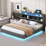 Lit double 160x200 rembourr� avec t�te de lit r�versible, leds usb, pieds dissimul�s, tissu lin gris, ...