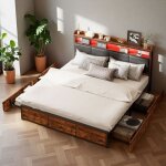 Lit double 160x200 - style industriel r�tro - 4 tiroirs - �clairage led connect� - rangement int�gr�