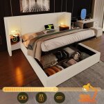 Lit double 160x200, t�te de lit avec table de chevet int�gr�e, rangement, led usb - c, velours c�tel�, ...