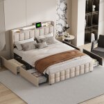 Pergar - lit double 160x200 avec tiroirs, lit adulte, lit capitonn 160 x 200 avec clairage led, chargement ...