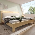 Lit double 160x200 velours ctel beige, leds, rangement tte de lit, cadre bois chne clair. (sans matelas ...