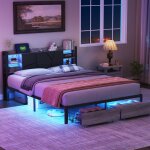 Nmonet - lit double 180x200 cm, 2 tiroirs, clairage led, tte de lit avec rangements, port usb, sommier ...