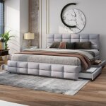 Lit double 180x200 cm avec 4 tiroirs, t�te de lit rembourr�e velours doux, sommier � lattes inclus, gris ...