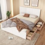 Fairwhale - lit double 180x200 cm en bois chêne / blanc, moderne avec 2 tiroirs de rangement, cadre de ... Fairwhale - lit double 180x200 cm en bois chêne / blanc, moderne avec 2 tiroirs de rangement, cadre de ...