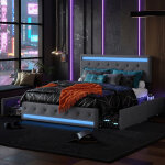 Lit double 180x200 cm en lin gris fonc� avec �clairage led, usb et 4 tiroirs m�talliques de rangement ...