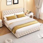 Lit double 180x200 cm, avec tte de lit en boutons et clous dcoratifs, sommier  lattes en bois, cadre ...