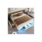 Okwish - lit double 180x200 cm, lit avec tiroirs, clairage led et sommier  lattes mtalliques, en cuir ...
