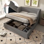 Lit double 180x200 avec coffre hydraulique, cadre noir, sommier lattes, appuis latéraux et housse lin ... Lit double 180x200 avec coffre hydraulique, cadre noir, sommier lattes, appuis latéraux et housse lin ...