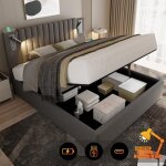 Lit double 180x200 coffre rembourré gris, lampe & usb, tête de lit rivetée, sommier inclus. coton (sans ... Lit double 180x200 coffre rembourré gris, lampe & usb, tête de lit rivetée, sommier inclus. coton (sans ...
