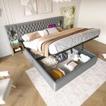 Lit double 180x200 avec lampe de lecture et charge usb - t�te de lit, 2 tables de chevet, coffre hydraulique ...