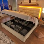 Lit double 180x200 avec rangement, sommier lattes inclus, tte de lit rembourre similicuir blanc et ...