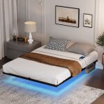 Lit double adulte 160x200 cm, avec led, usb + type - c, 9 pieds, sommier  lattes mtalliques, sans matelas, ...