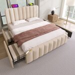 Lit double pour adulte, avec bordure d�corative dor�e, ports de recharge usb et type - c, tissu en lin, ...