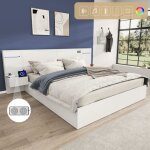 Modfu - lit double adulte, tte de lit allonge, avec 2 tables de chevet, usb, led, sans tiroirs, sans ...