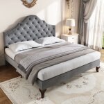 Lits doubles pour adultes en velours 140x200cm, tte de lit rglable en hauteur, sans matelas, gris