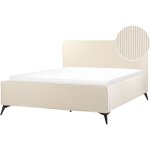 Lit double beige en velours ctel bois et mtal 160 x 200 cm sommier lattes valognes