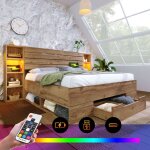 Lit double lit en bois massif 180×200, système de lit coffre avec éclairage led et tête de lit et tiroirs ... Lit double lit en bois massif 180×200, système de lit coffre avec éclairage led et tête de lit et tiroirs ...
