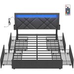 Lit double, 140 x 190 cm, avec led, en m�tal, 4 tiroirs, multiprise, t�te de lit rembourr�e ajustable, ...